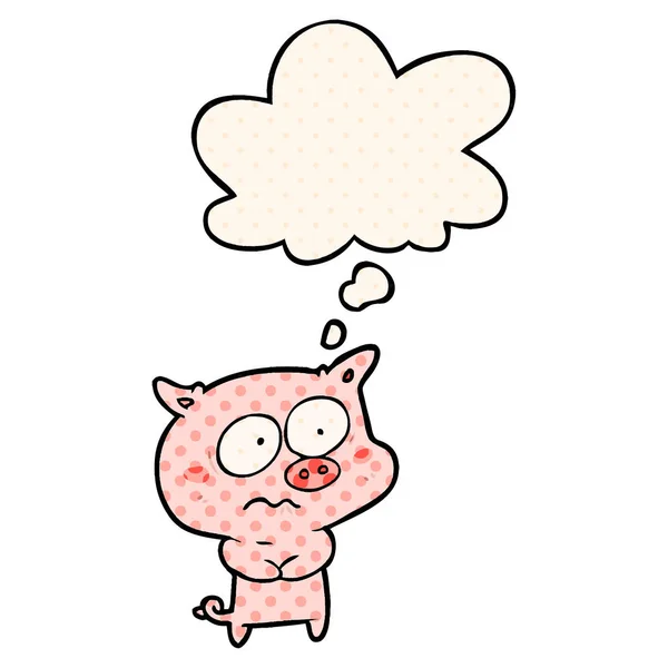 Cartoon nervous pig and thought bubble in comic book style — Stock Vector