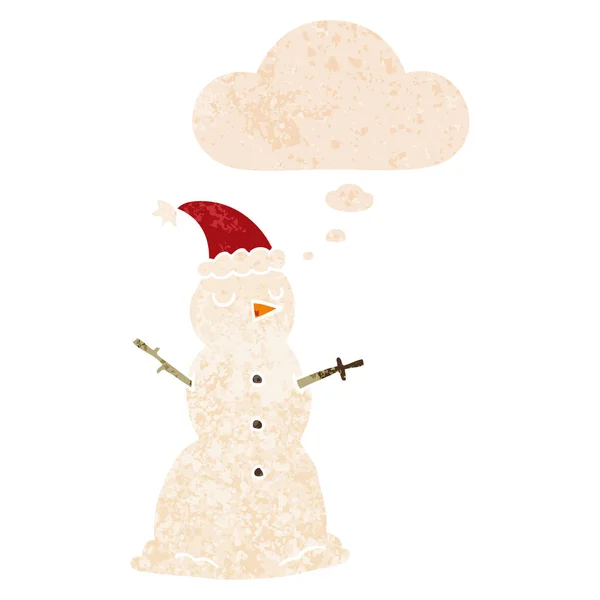 Мультфильм снеговик и мысли пузырь в ретро текстурированный стиль — стоковый вектор