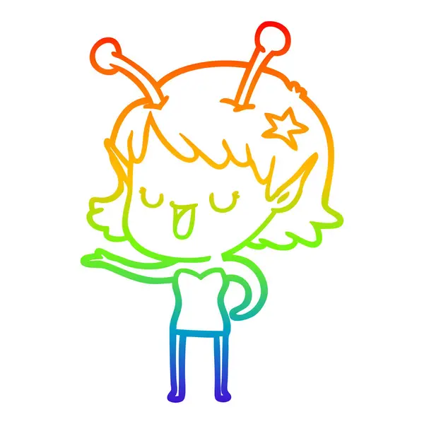 Regenboog gradiënt lijntekening gelukkig Alien meisje cartoon lachen — Stockvector