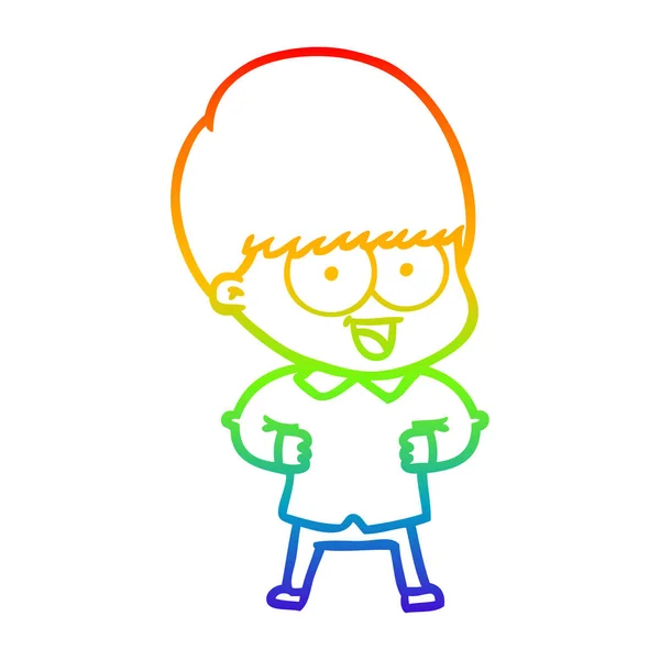 Rainbow gradient line drawing happy cartoon boy — Stock Vector