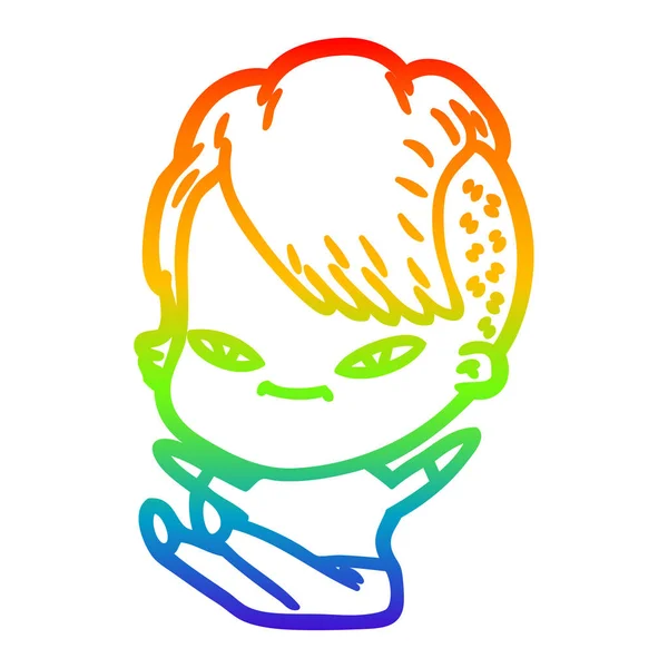 Regenboog gradiënt lijntekening schattig cartoon meisje met hipster Hai — Stockvector