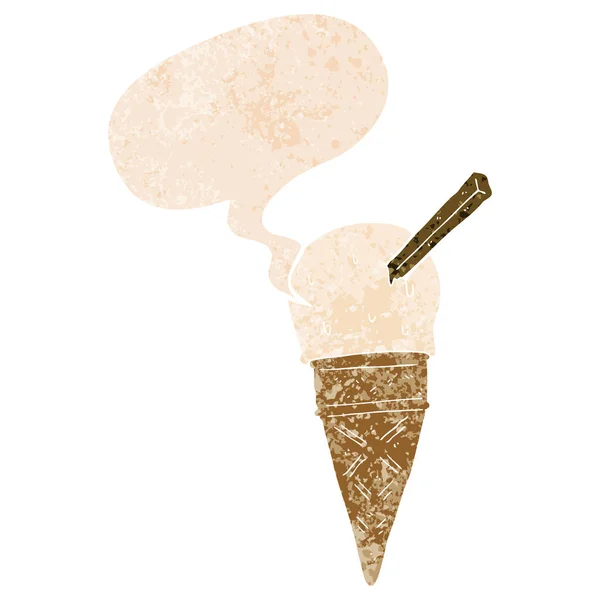Crème glacée dessin animé et bulle d'expression dans un style texturé rétro — Image vectorielle