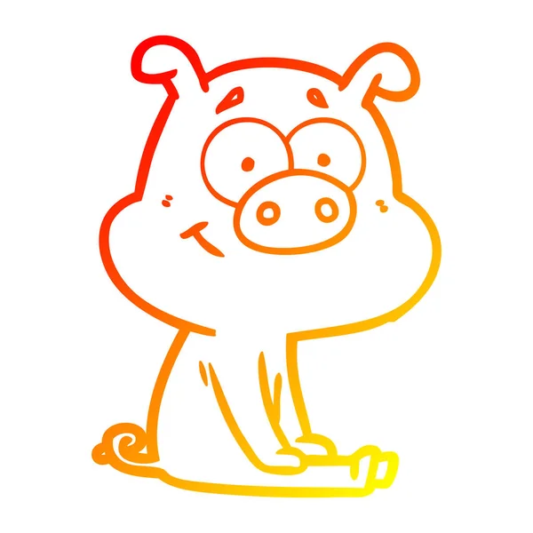 Warm gradient line drawing happy cartoon pig sitting — Stock Vector