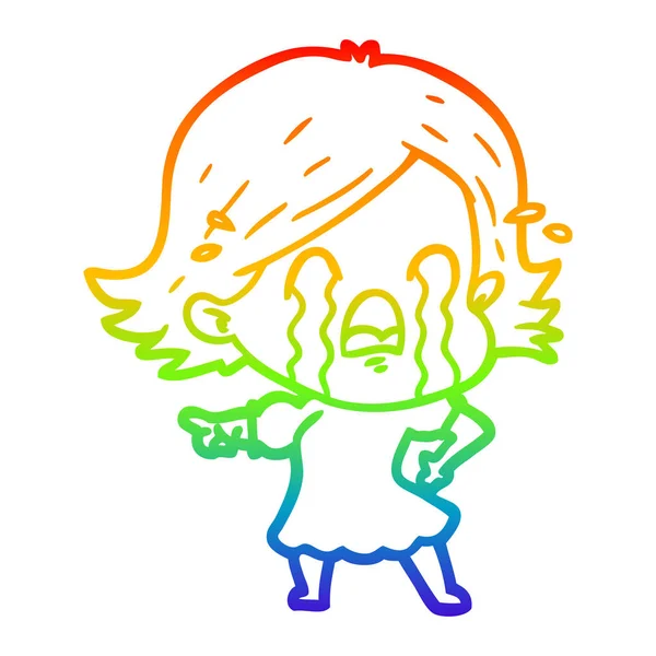 Regenbogengradienten Linie Zeichnung Karikatur Frau weint — Stockvektor