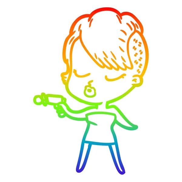 Regenboog kleurovergang lijntekening cartoon mooie hipster meisje — Stockvector