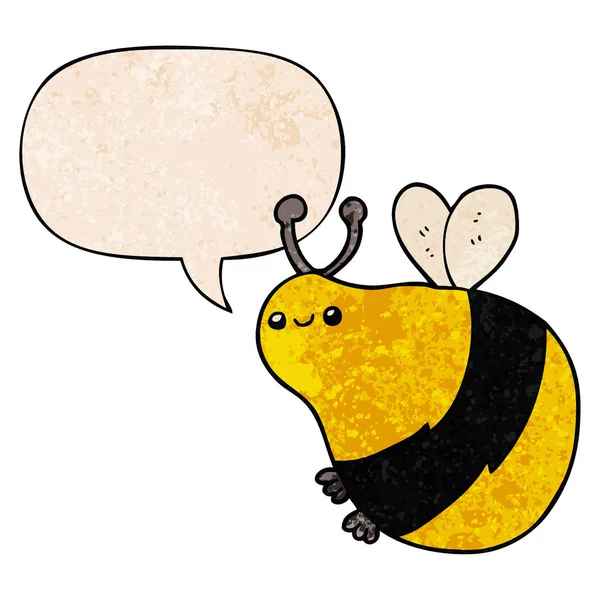 Abeja de dibujos animados y burbuja del habla en estilo de textura retro — Vector de stock