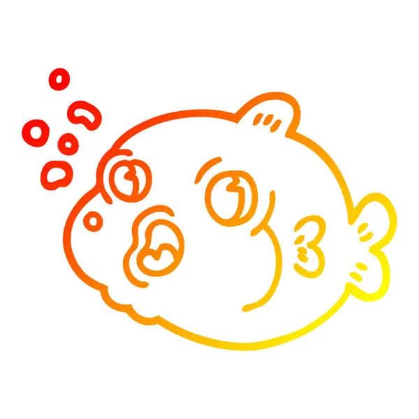 Línea de gradiente caliente dibujo dibujos animados peces burbujas que soplan — Vector de stock