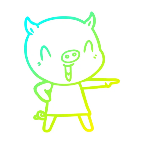 Cold gradient line drawing happy cartoon pig in dress — Stock Vector