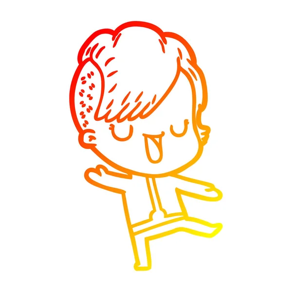 Warme kleurovergang lijntekening schattig cartoon meisje met hipster haircu — Stockvector