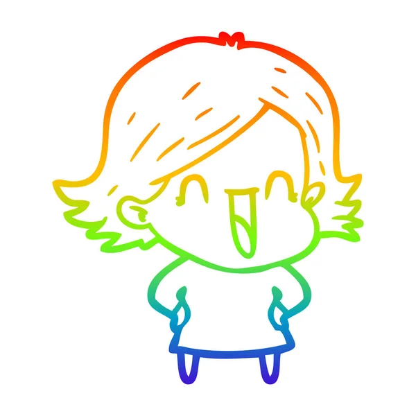 Regenboog gradiënt lijntekening cartoon lachende vrouw — Stockvector