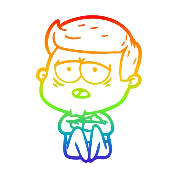Rainbow gradient line drawing cartoon tired man — Stock Vector