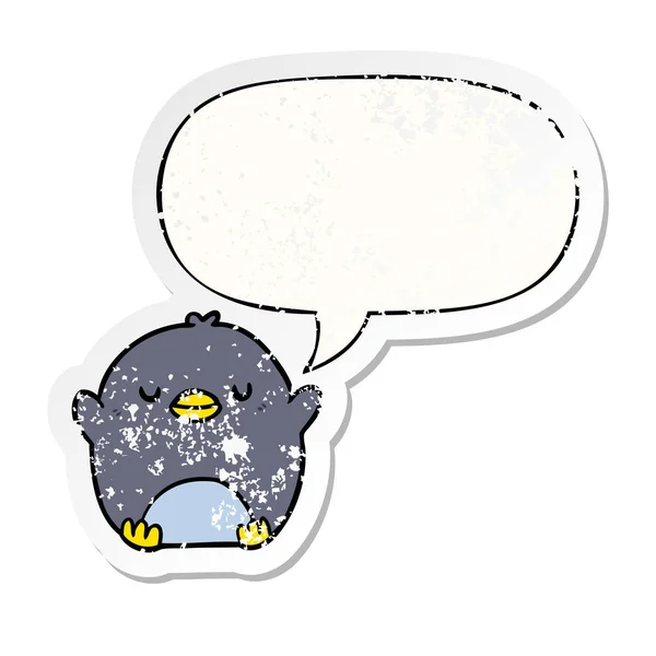 Cute cartoon penguin and speech bubble distressed sticker — Stock Vector