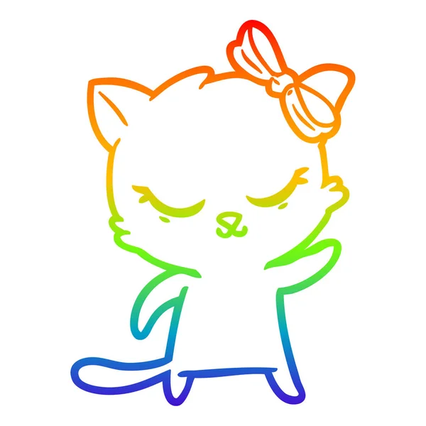 Regenboog gradiënt lijntekening cute cartoon kat met strik — Stockvector