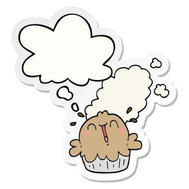 sevimli karikatür pasta ve baskılı bir etiket olarak kabarcık düşünce