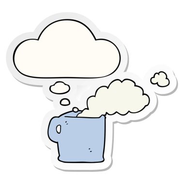 karikatür sıcak kahve ve baskılı bir etiket olarak kabarcık düşünce