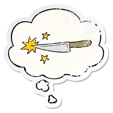 karikatür keskin mutfak bıçağı ve sıkıntılı bir w olarak kabarcık düşünce