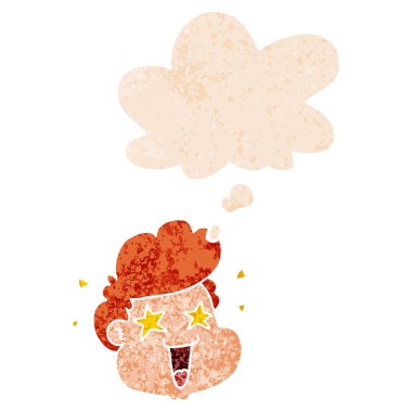 retro dokulu tarzı karikatür çocuk yüzü ve düşünce balonu