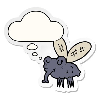 karikatür sinek ve basılı bir etiket olarak kabarcık düşünce