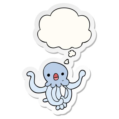 karikatür denizanası ve baskılı bir etiket olarak kabarcık düşünce