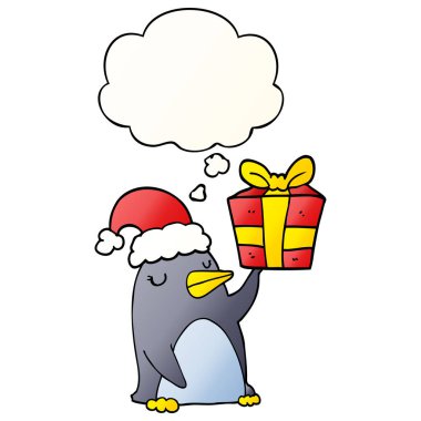 noel hediyesi ve smo düşünce balonu ile karikatür penguen
