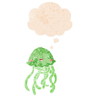 sevimli karikatür denizanası ve retro dokulu stil düşünce balonu