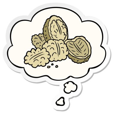 karikatür ceviz ve baskılı bir etiket olarak düşünce balonu