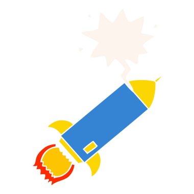 retro tarzında karikatür roket ve konuşma balonu