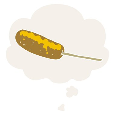 retro tarzında bir sopa ve düşünce balonu üzerinde karikatür hotdog