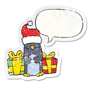 sevimli noel penguen ve konuşma balonu sıkıntılı etiket