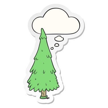 karikatür noel ağacı ve baskılı bir etiket olarak kabarcık düşünce