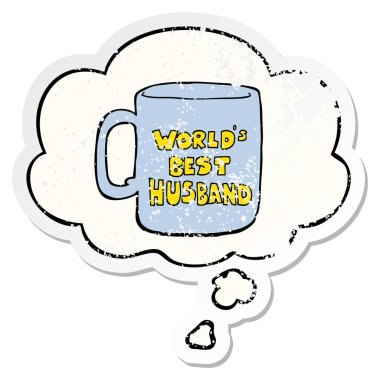 dünyanın en iyi koca kupa ve sıkıntılı yıpranmış olarak kabarcık düşünce 