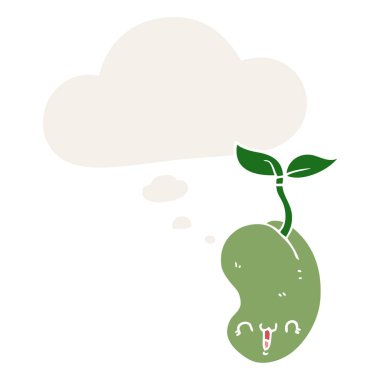 retro tarzında sevimli karikatür tohum filizlenme ve düşünce balonu