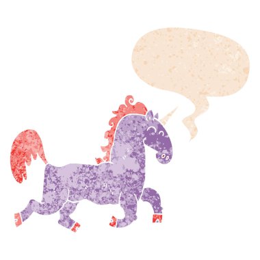 retro dokulu tarzda karikatür tek boynuzlu at ve konuşma balonu