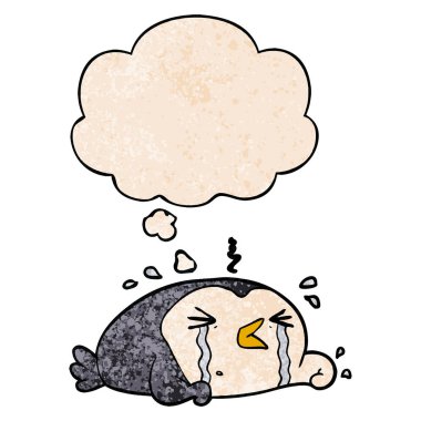 çizgi film ağlayan penguen ve grunge doku patt düşünce balonu