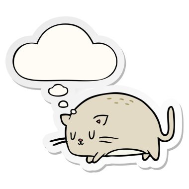 Sevimli karikatür kedi ve baskılı bir etiket olarak düşünce kabarcık