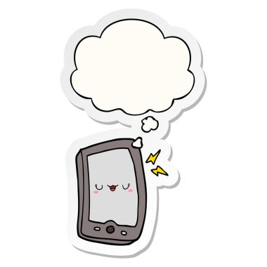 sevimli karikatür cep telefonu ve baskılı bir sticke olarak kabarcık düşünce