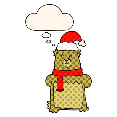 çizgi film ayısı noel şapkası ve komik b düşünce balonu giyen