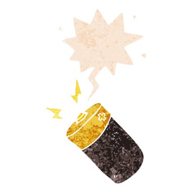 retro dokulu tarzda karikatür pil ve konuşma balonu