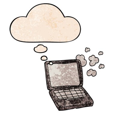 karikatür dizüstü bilgisayar ve grunge doku pat düşünce balonu