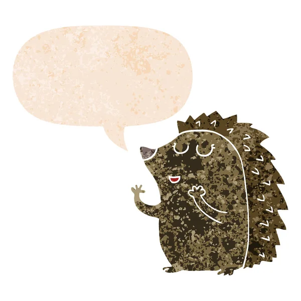 Cartoon Hedgehog en toespraak bubble in retro getextureerde stijl — Stockvector
