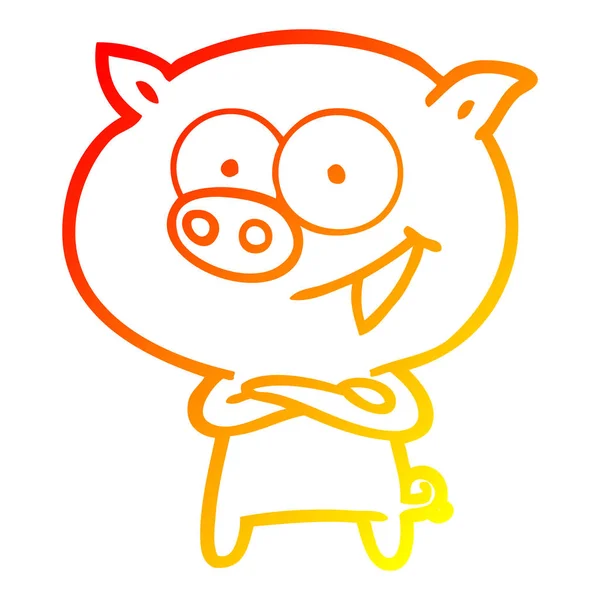 Warm gradient line drawing cheerful pig cartoon — Stock Vector