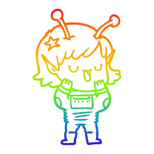 Rainbow gradient ligne dessin heureux alien fille dessin animé — Image vectorielle