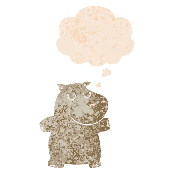 Hippopotame dessin animé et bulle de pensée dans un style texturé rétro — Image vectorielle