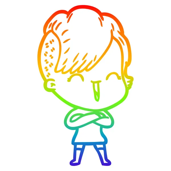 Arco iris gradiente línea dibujo dibujos animados feliz chica hipster — Archivo Imágenes Vectoriales