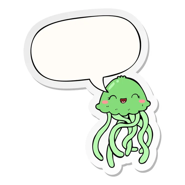 Sevimli karikatür denizanası ve konuşma kabarcık etiket — Stok Vektör