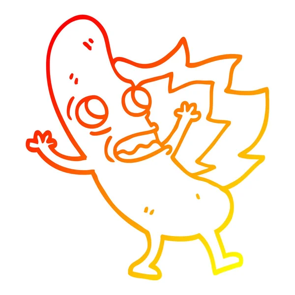 Warm gradient line drawing cartoon flaming hotdog — Stock Vector