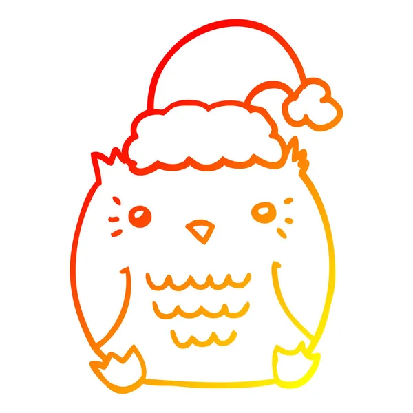 Warm gradient line drawing cute cartoon owl wearing christmas ha — Stock Vector