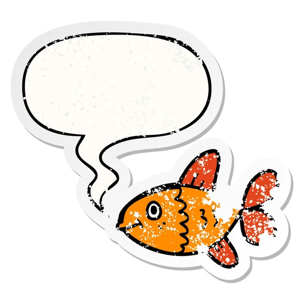 Adesivi pesce cartone animato e bolla vocale angosciato — Vettoriale Stock