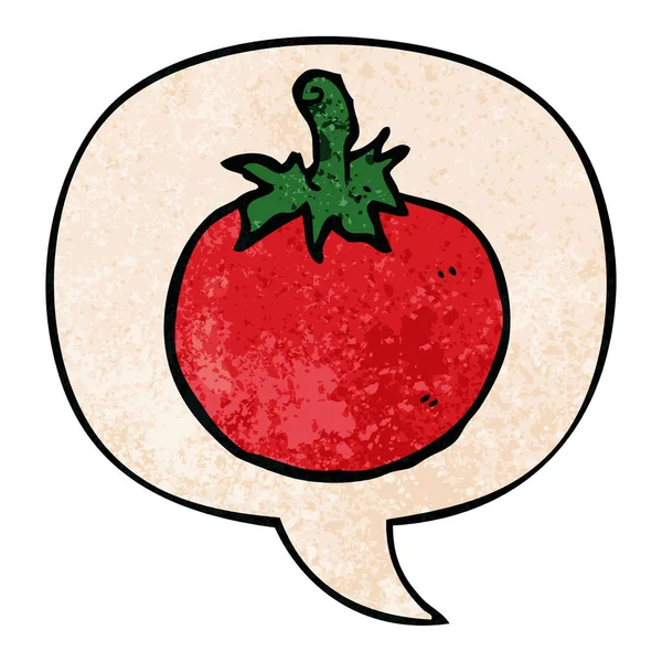 Tecknad tomat och pratbubbla i retro textur stil — Stock vektor
