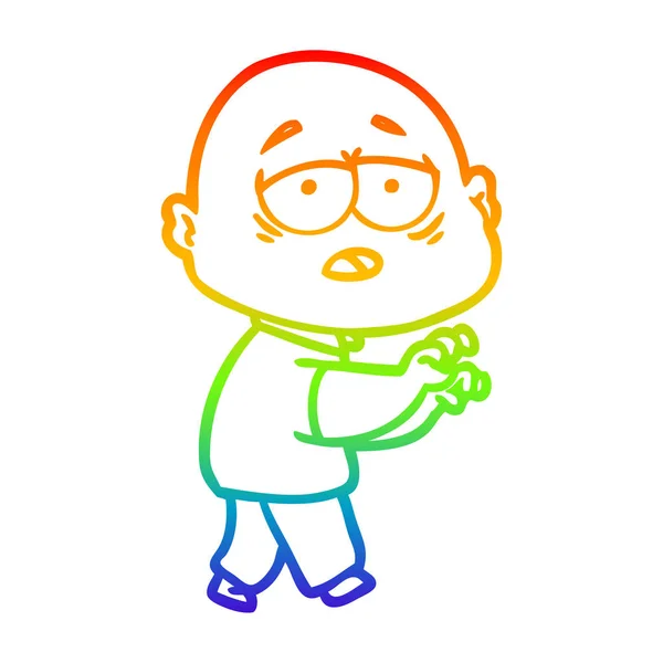 Rainbow gradient ligne dessin dessin animé fatigué chauve homme — Image vectorielle